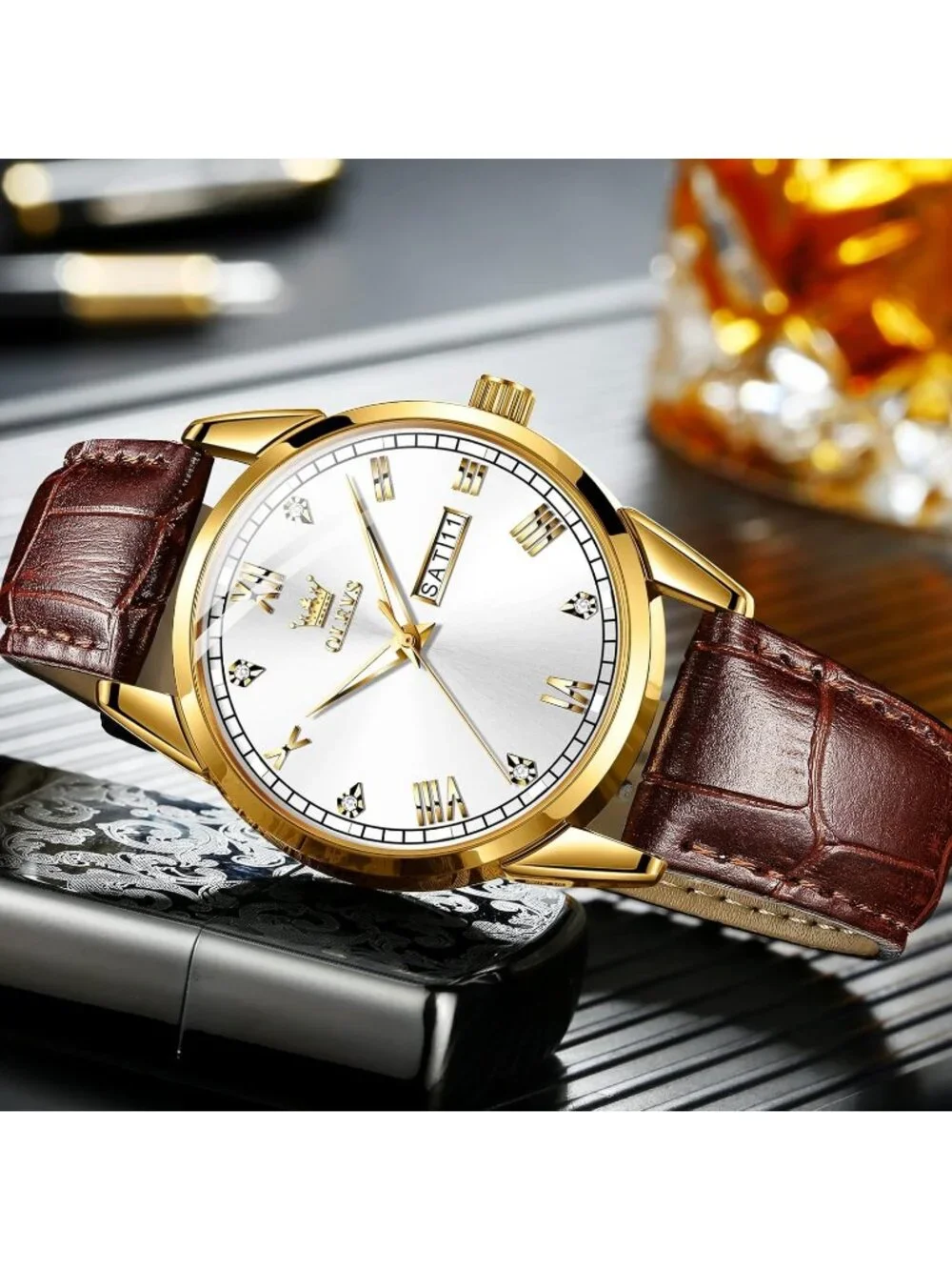 Men's White Fashion Quartz Leather Brown Buckle Waterproof Luminous Round Watch